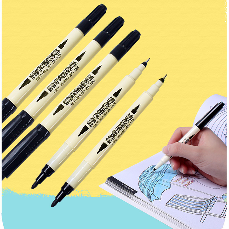 智牌无味勾线笔学生用美术手绘儿童绘画黑色描边防水小双头记号笔