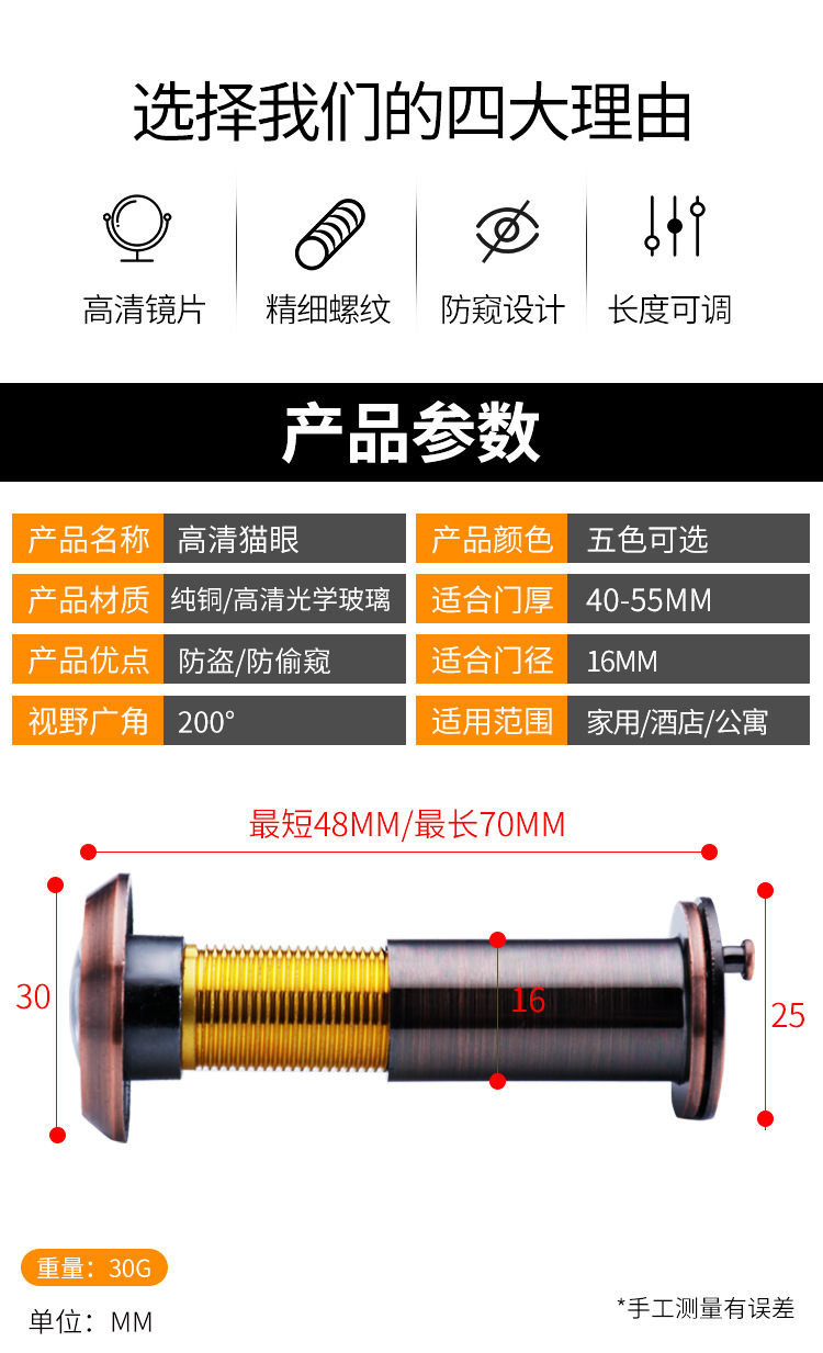 批发防盗门高清玻璃 猫眼镜片锌合金酒店家用木门带后盖防盗羊眼