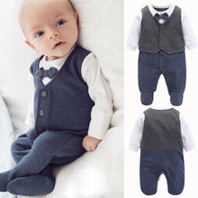 婴儿外套外贸春秋新款连体衣 绅士风长袖包脚哈衣假两件宝宝爬服