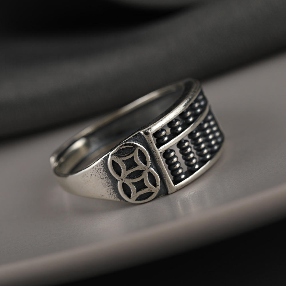 复古防泰银小算盘铜钱戒指男士女戒指环单身尾戒个性韩版潮人民族