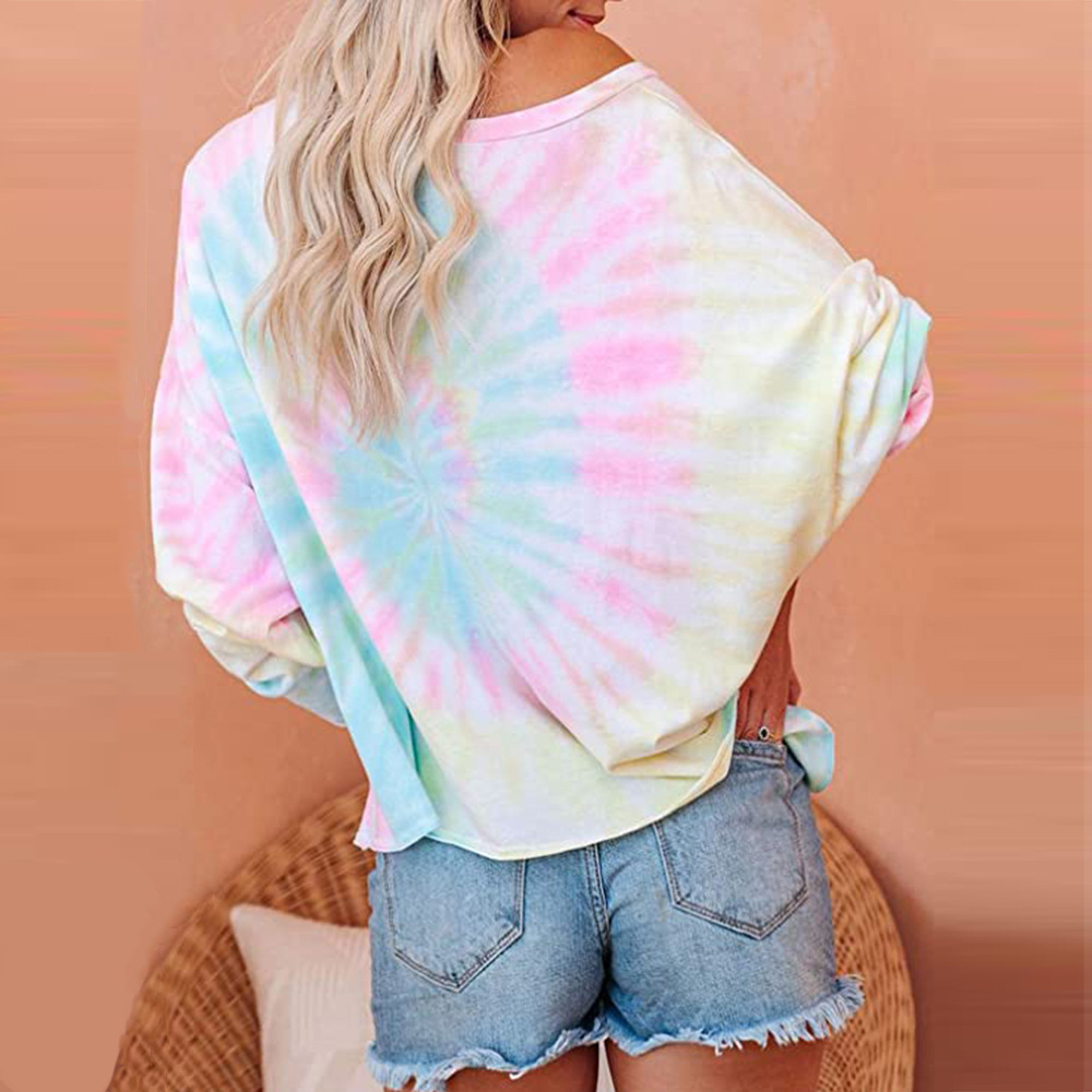 2020亚马逊热卖爆款扎染女上衣 欧美渐变色印花长袖圆领休闲t恤