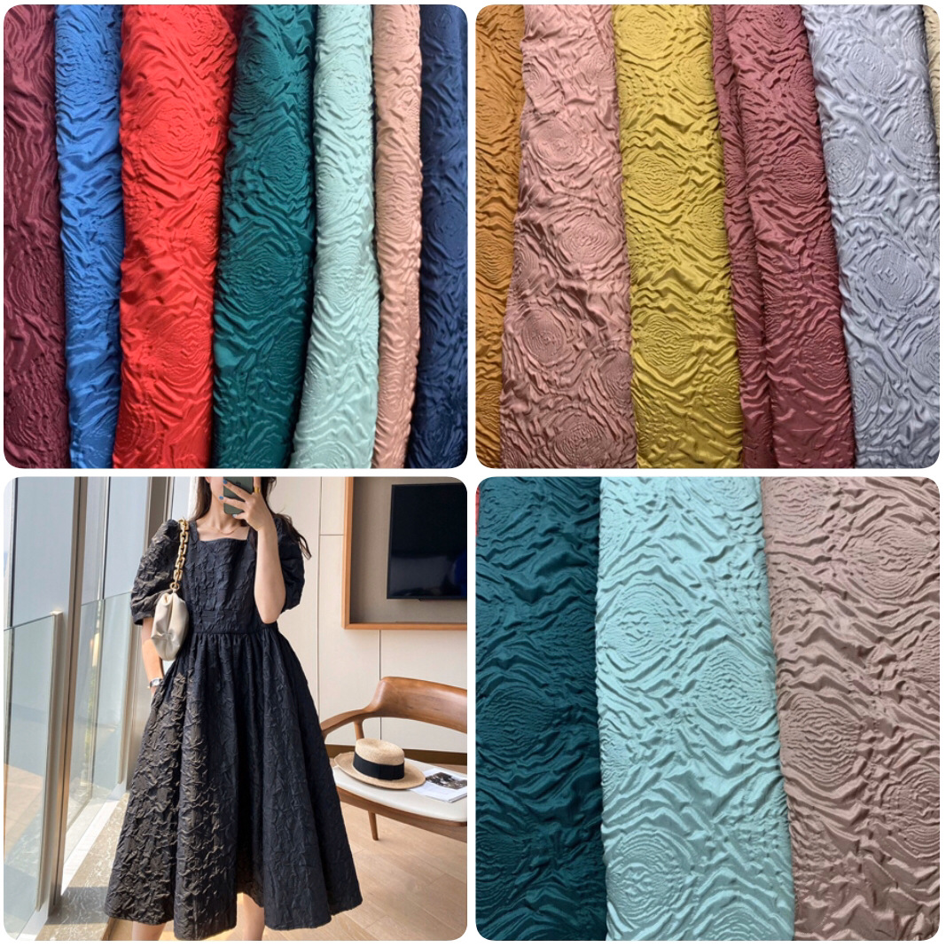 醋酸压花复合梭织时装面料 涤纶无弹力花型 汉服和服裙装