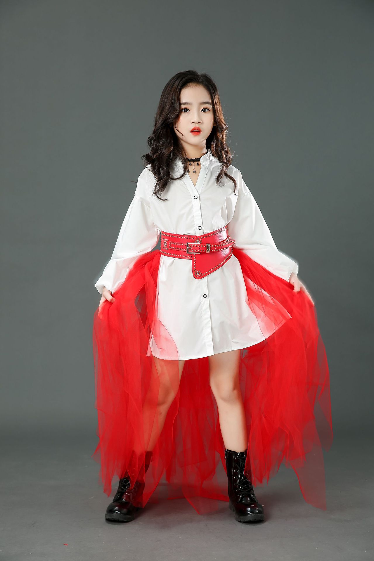 女童潮服红色超酷套装儿童走秀车模时尚个性演出服模特时装秀礼服