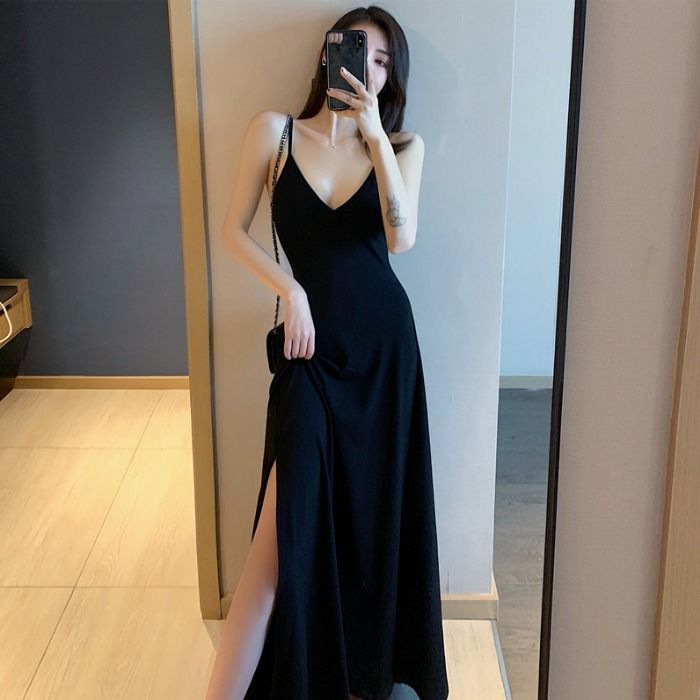 New Suspender Black Dress Sexy Gentle V-neck Base Retro Long Side Slit Black Dress for Women