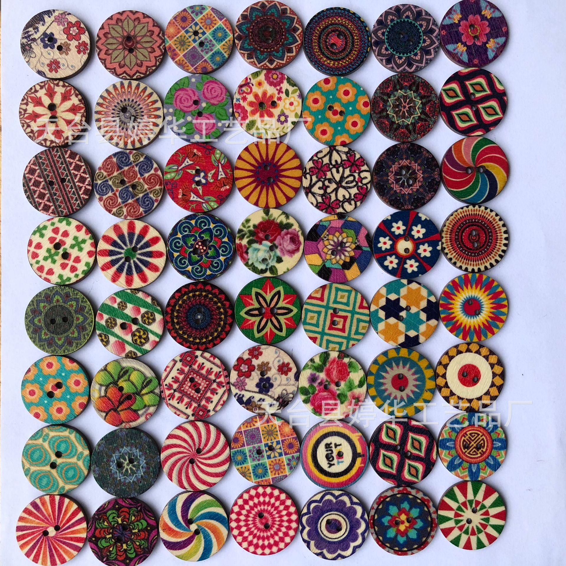 15/20/25mm复古圆片木纽扣彩绘印花两眼木扣diy手工艺100个/包