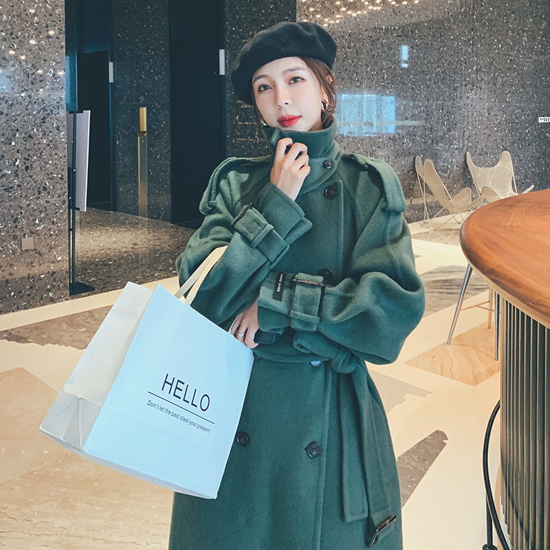 2020冬季新款双排扣系带孔雀绿毛呢外套 宽松中长款系带毛呢大衣