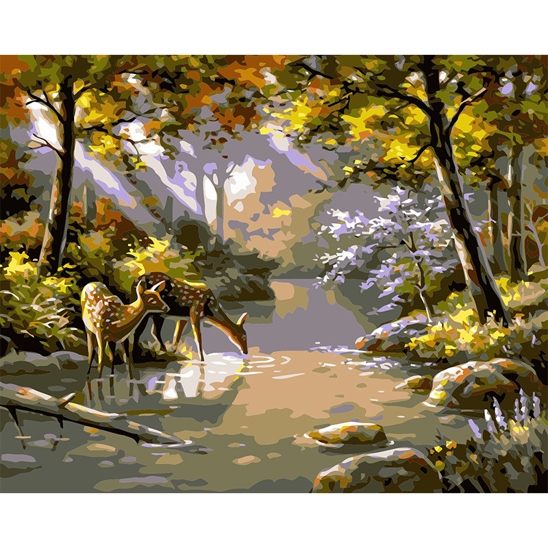 带框diy数字油画大幅客厅卧室动物填色装饰梅花鹿纯手绘油画
