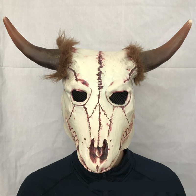 骷髅带角牛头骨面具恐怖万圣节化妆舞会派对道具动物乳胶头套mask