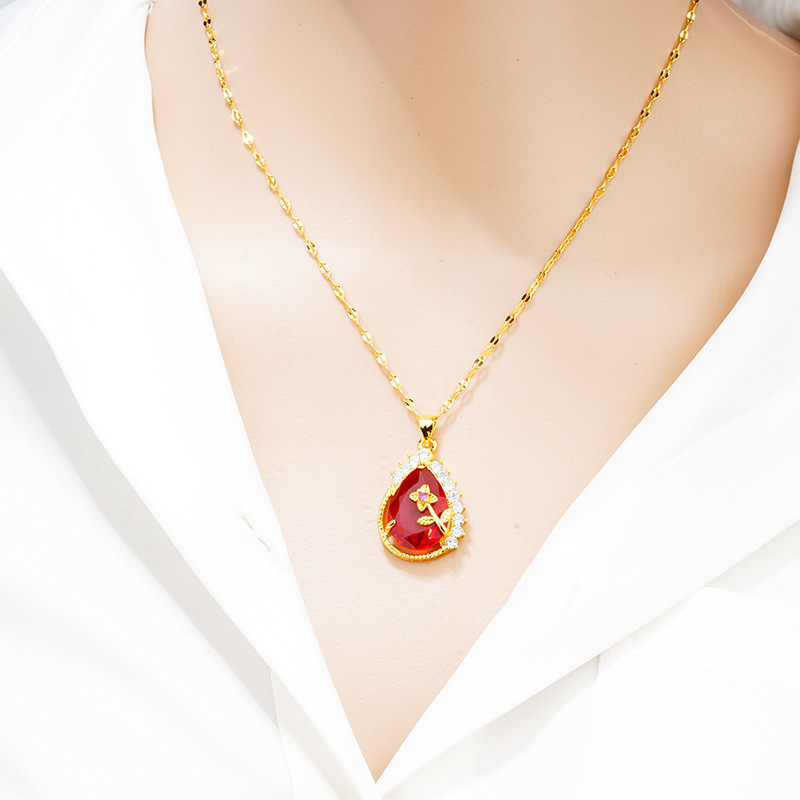 New Inlaid Synthetic Ruby Water Drop Pear-Shaped Pendant Flower Rhinestone-Embedded Colored Gems Live Broadcast Alluvial Gold Jewelry Wholesale