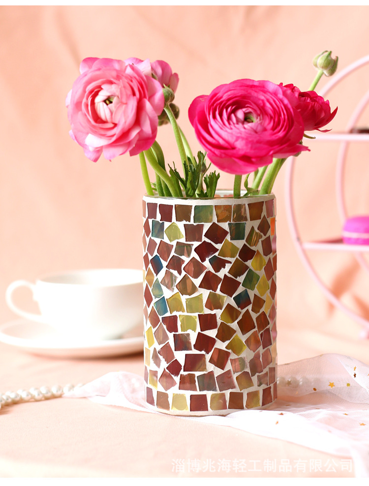 北欧清新马赛克玻璃花瓶摆件水培绿萝客厅餐桌样板间烛台插花装饰-阿