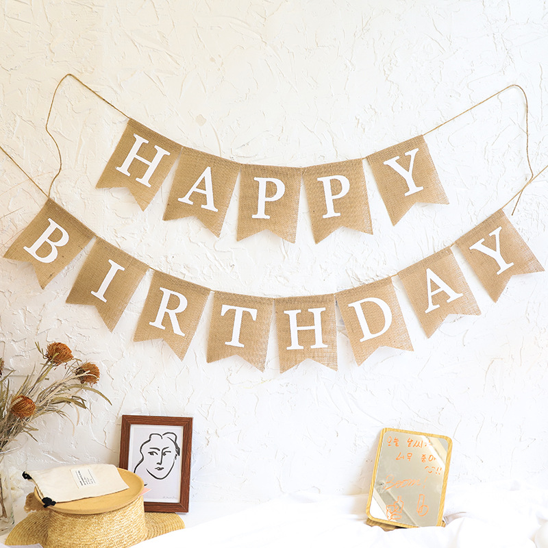 ins风麻布牛仔布生日拉花拉旗生日装饰场景布置跨境外贸派对用品