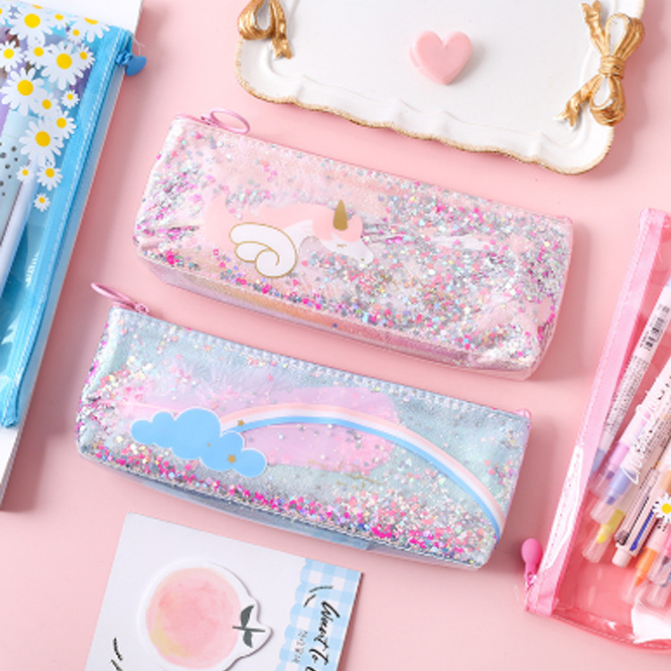 创意新款闪粉流沙拉链文具袋透明pvc印花笔袋镭射幻彩文具收纳包