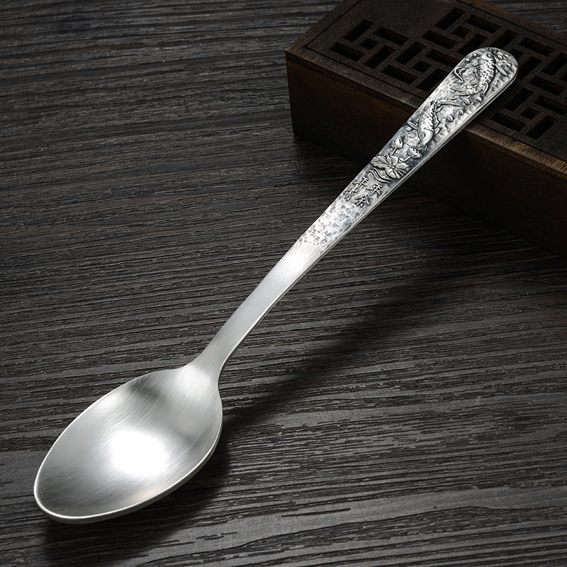 足银999银勺子 仿古做旧银调羹汤勺银餐具重约约54克