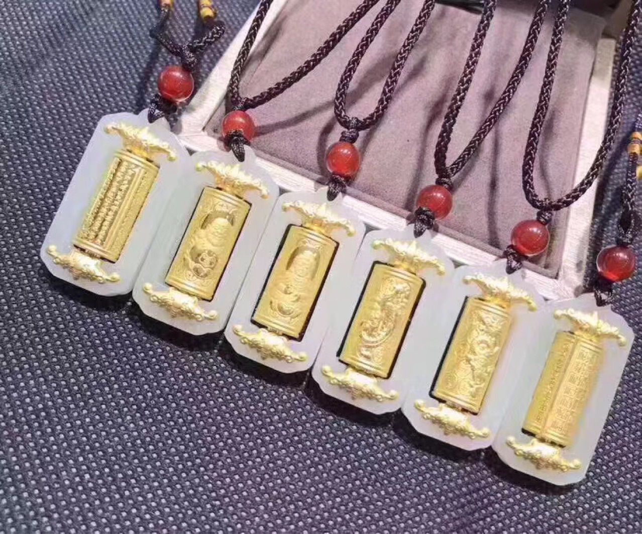 金镶玉转经筒999足金和田玉转运心经观音佛龙百福路路通项链吊坠