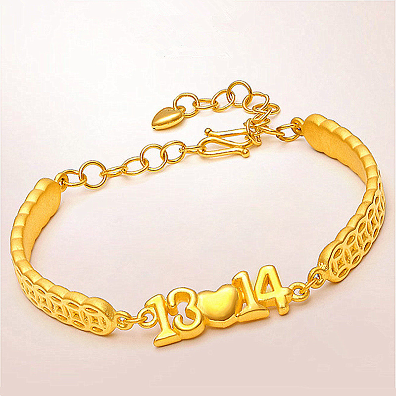 老挝砂金镀黄金1314爱心手链 情人节礼物越南砂面金一生一世手链