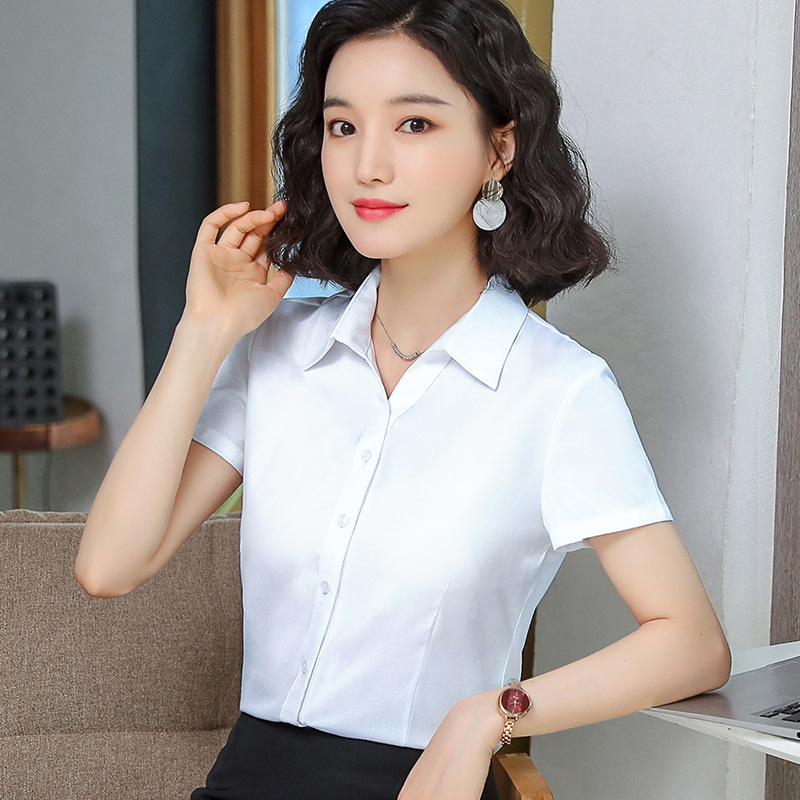 2020新款正装夏天白色面试休闲纯色短袖开衫九分袖翻领修身型女装