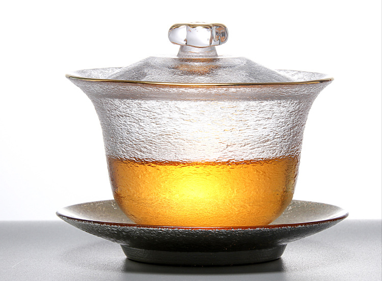 中式磨砂耐热玻璃品茗杯家用功夫描金茶具手绘公道杯单个玻璃盖碗
