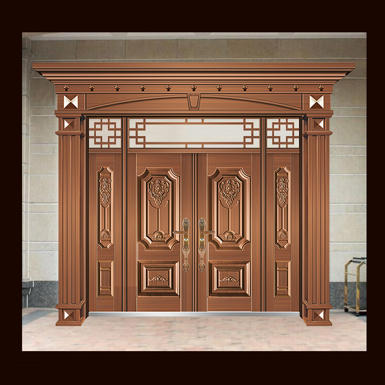高档仿真铜门别墅客厅四开子母门带门头锌合金甲级安全防盗非标门