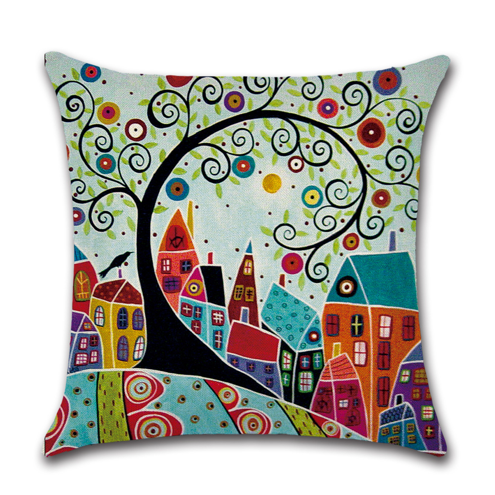 Cross-Border New Arrival Pillow Abstract House Trees Linen Sofa Decoration Pillow Cover Bay Window Decoration Throw Pillowcase