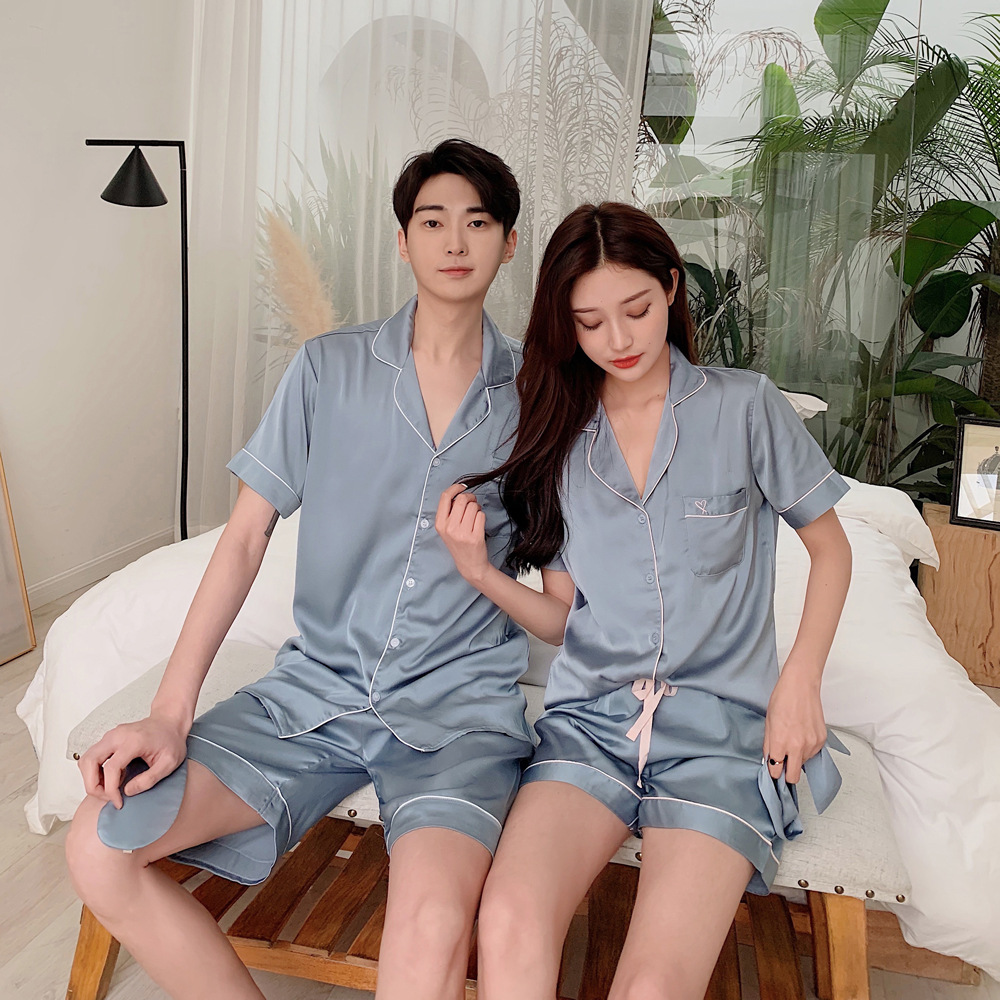 夏季新品韩版刺绣爱心翻领开衫短袖小红书情侣睡衣男女家居服套装