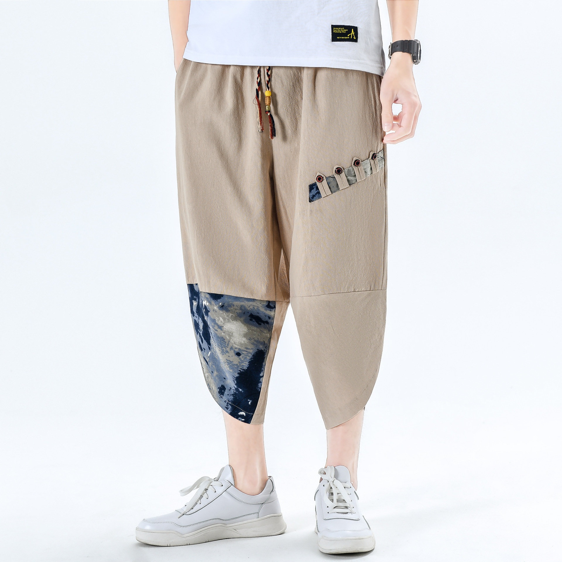 2020夏季新款男士亚麻休闲七分裤中国风宽松大码拼接男士哈伦裤