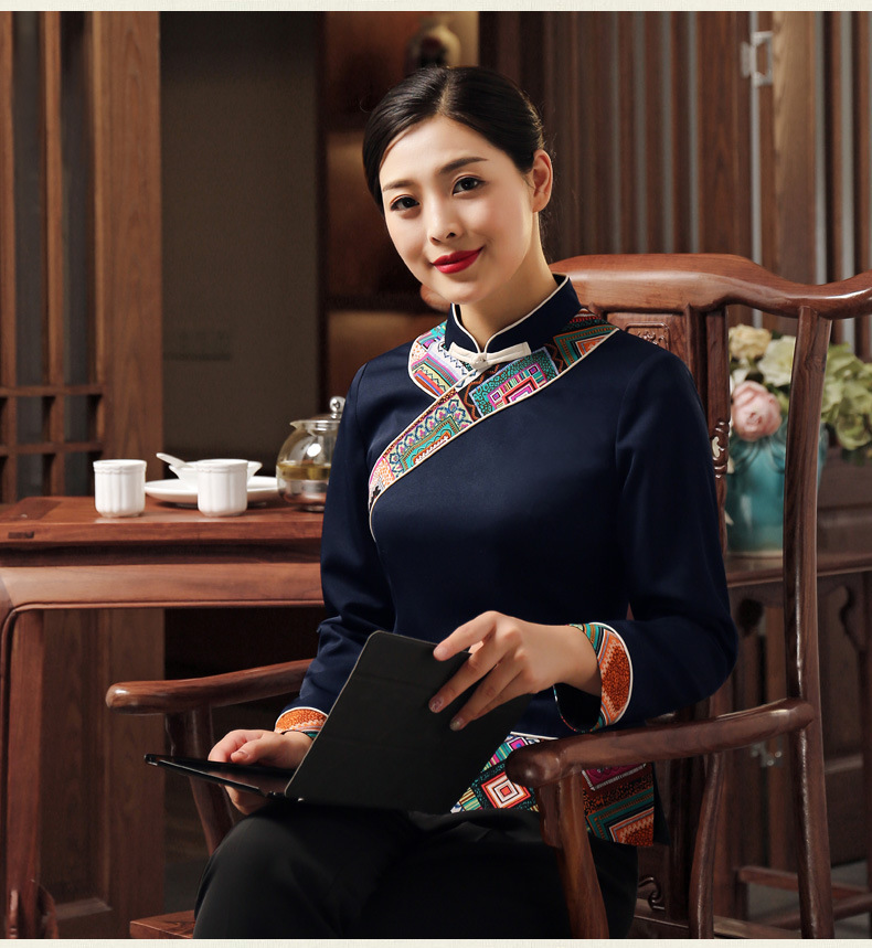 服务员工作服长袖复古民族风酒店云南菜秋冬装农家乐火锅店男女款