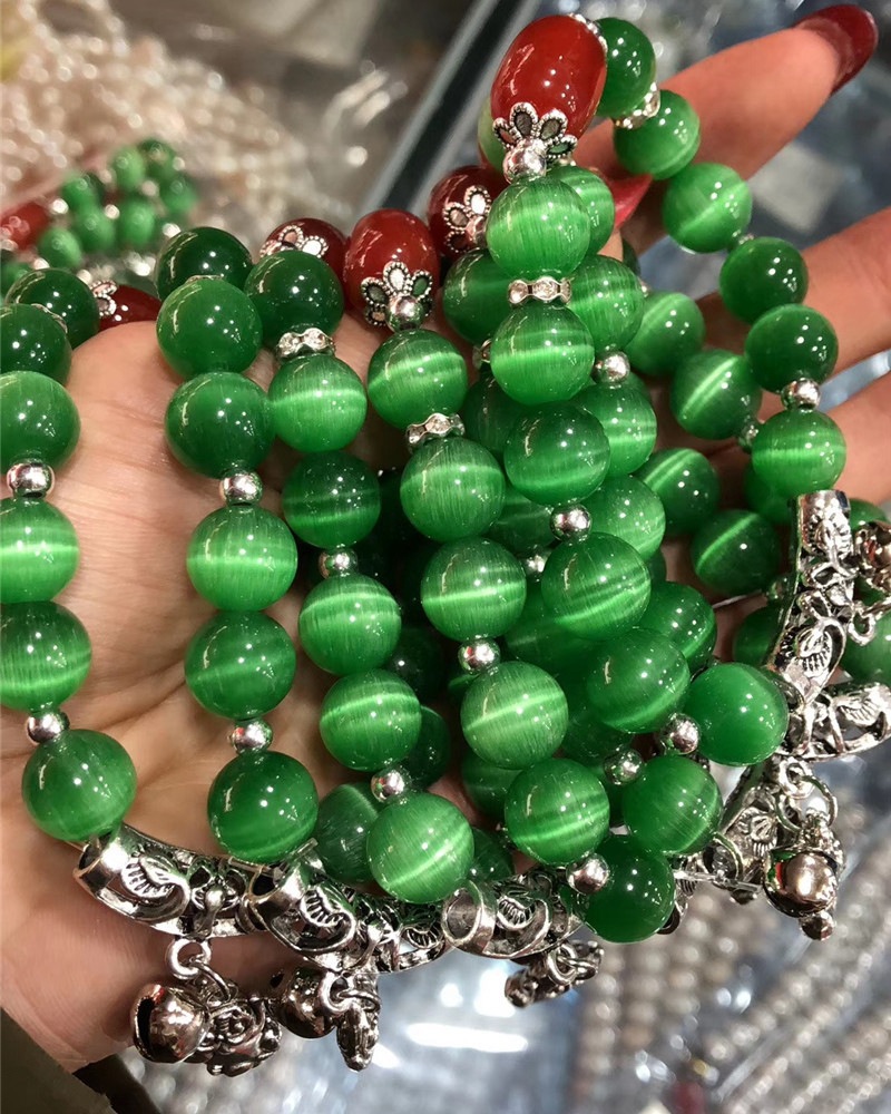 天然猫眼石绿孔雀石月光石红松石天然石水晶时尚diy单层手链