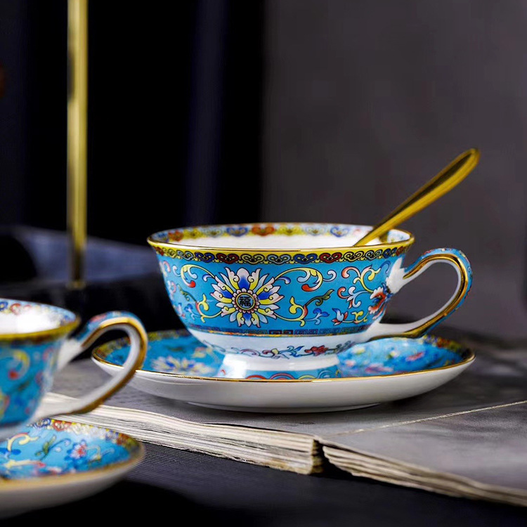 中式珐琅彩金边咖啡杯马克杯奶茶杯燕麦杯景德镇骨瓷杯子