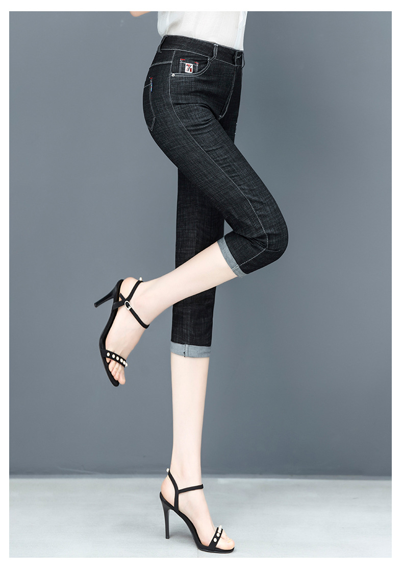 牛仔7七分裤中老年高腰女式牛仔裤黑色蓝色绣花女式裤子工厂代发