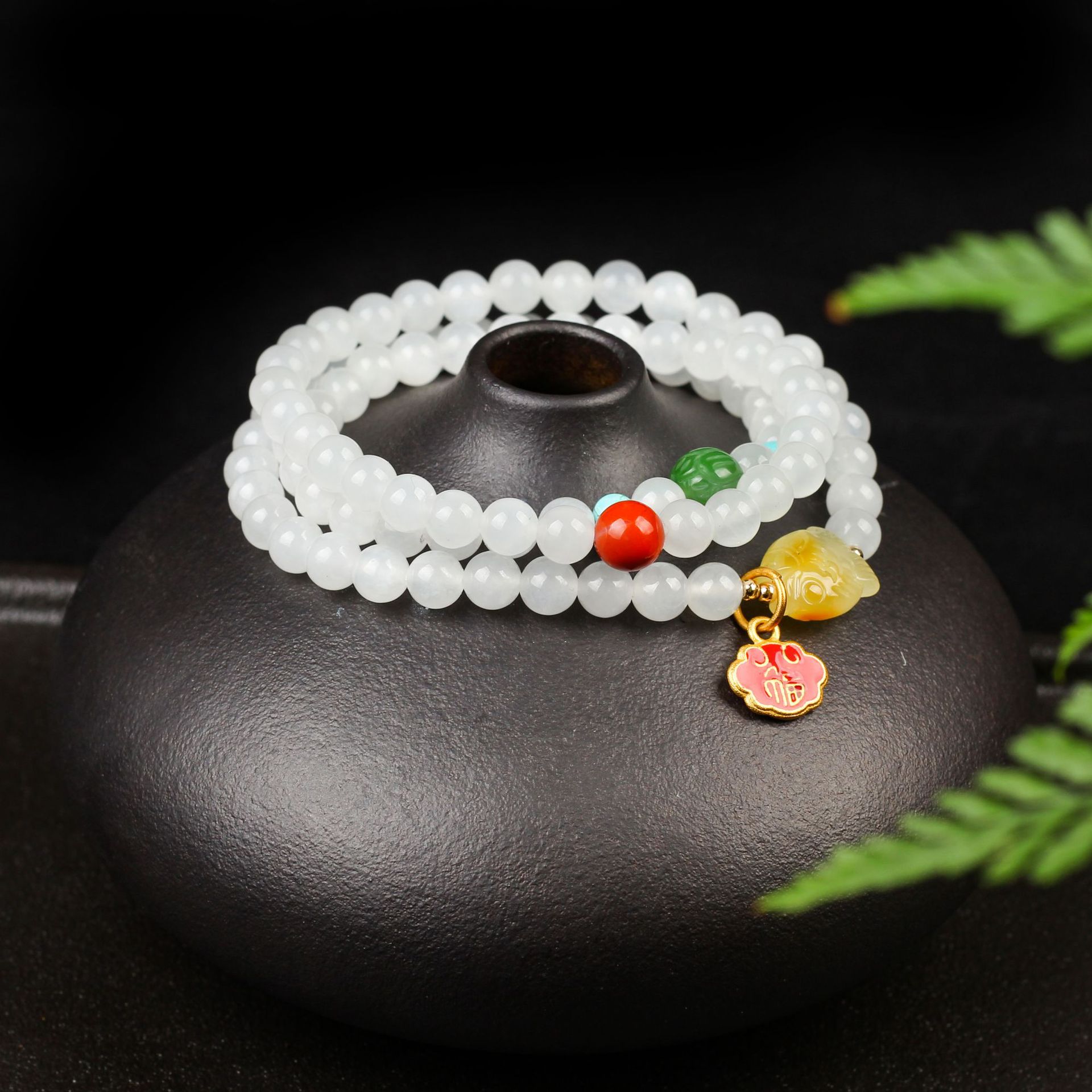 天然和田玉三圈手链青海料白玉搭配蜜蜡有鱼碧玉莲花珠原创手串