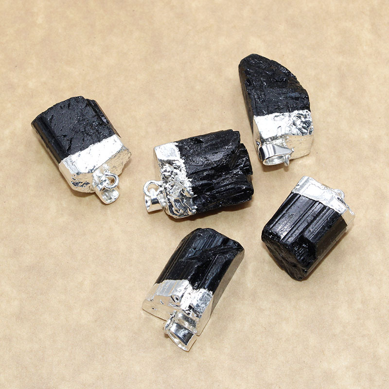 天然碧玺吊坠黑碧玺原石电镀项链天然石欧美项链跨境电商现货