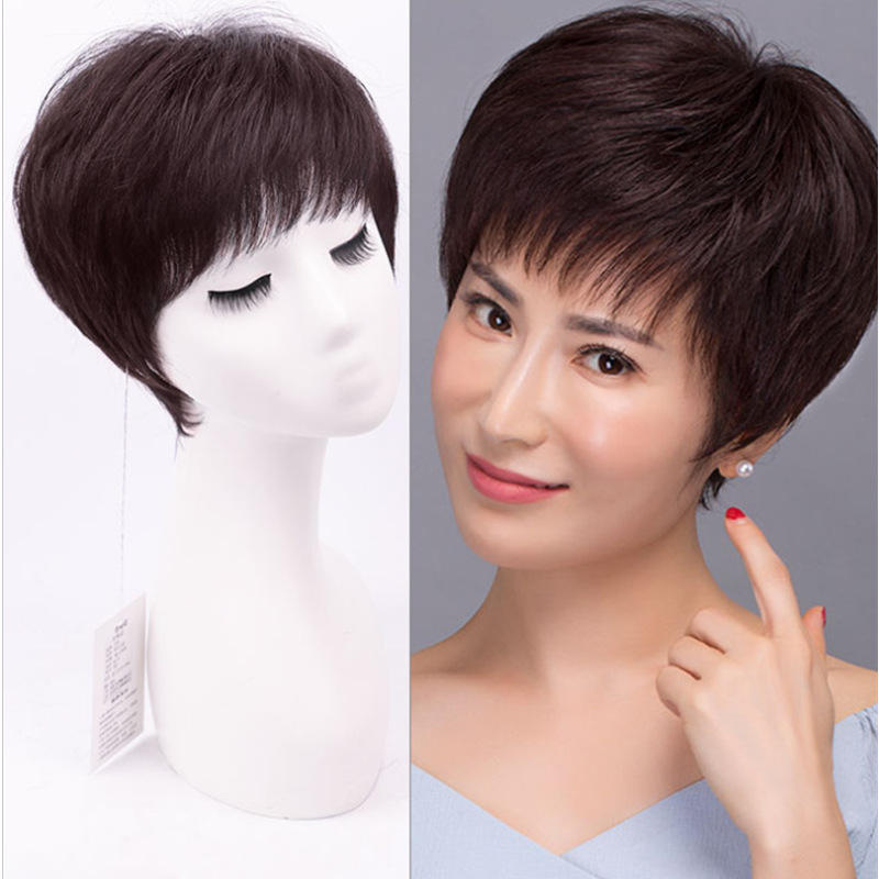 中老年假发女短发真人发短直发自然逼真空气刘海送妈妈款女士假发
