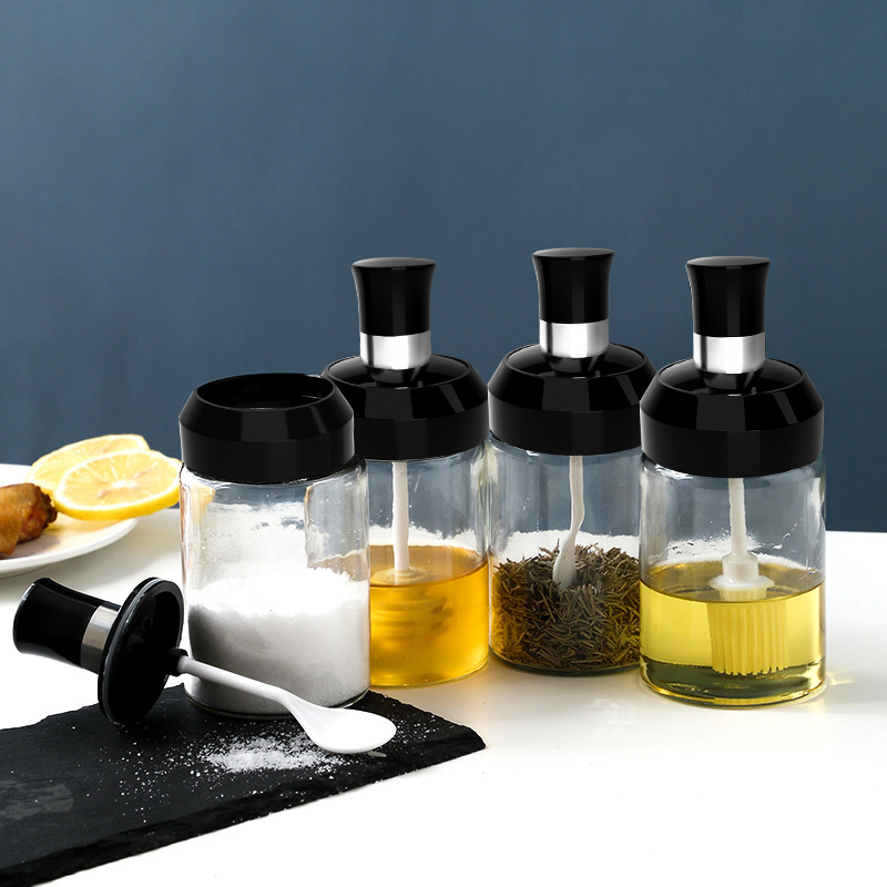 Kitchen Glass Seasoning Bottle Spoon and Lid Integrated Seasoning Bottle Sealed Salt Jar Integrated Cover Seasoning Box Oil Brush a Bottle of Honey