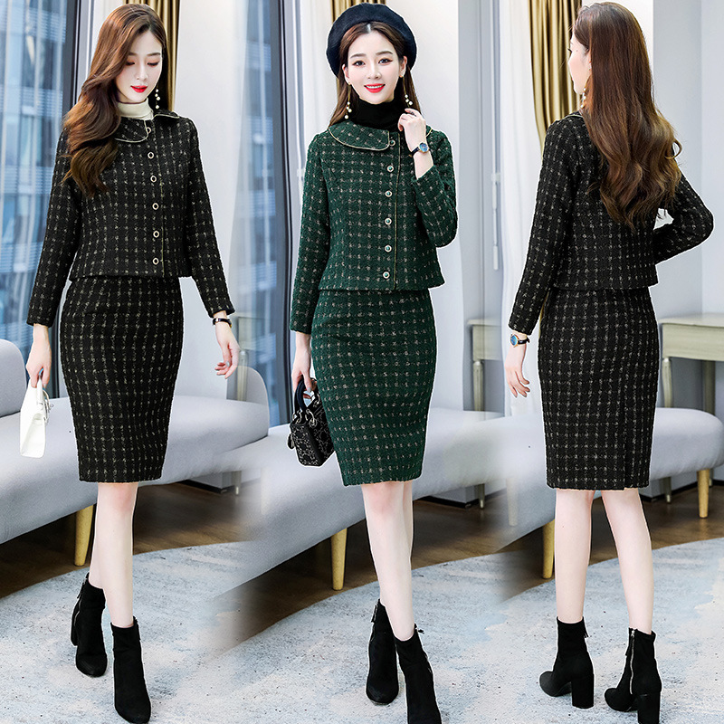 2020冬季新款时尚短款毛呢两件套毛呢套裙优雅时尚套装