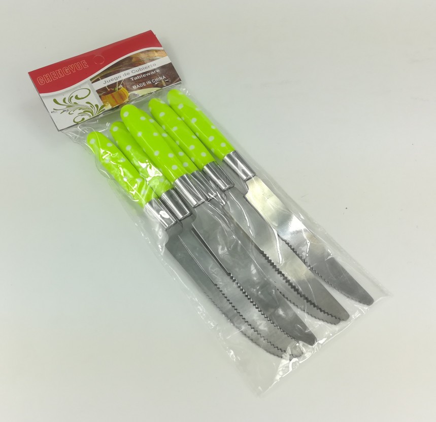 Plastic Handle Tableware Double Color Dot Handle Table Knife Fork Spoon Tea Spoon Set 6Pc Factory Wholesale