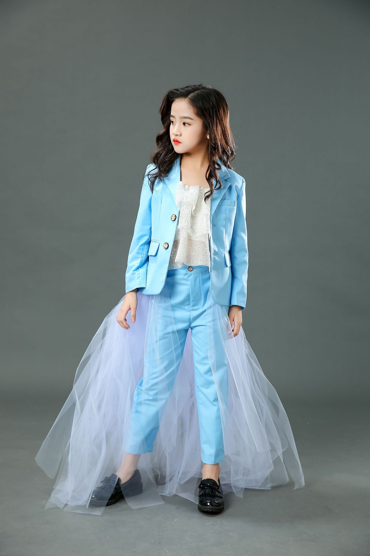 儿童礼服西服套装女童模特时尚走秀潮服个性蓝色洋气高端演出服秋