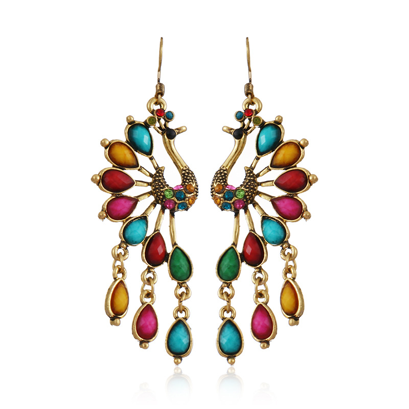 Creative Retro Peacock Ethnic Style Hollow Earrings Personality European and American Earrings Dark Green Diamond Metal Alloy Earrings Wholesale