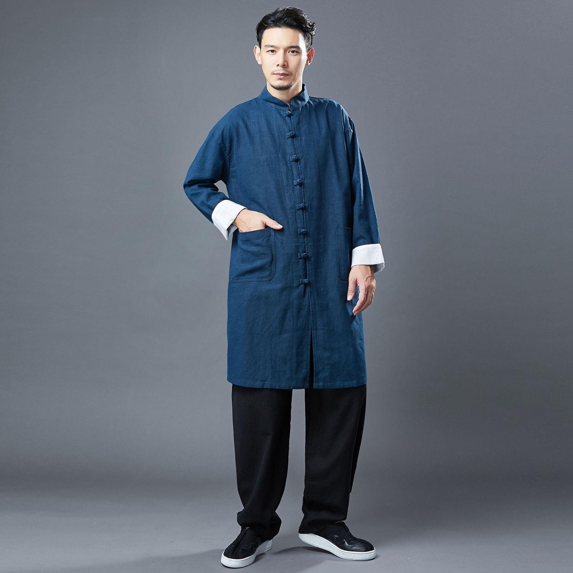 麻凡布衣秋季挽白风衣风男装古风汉服中长款风衣苎麻立领挽袖