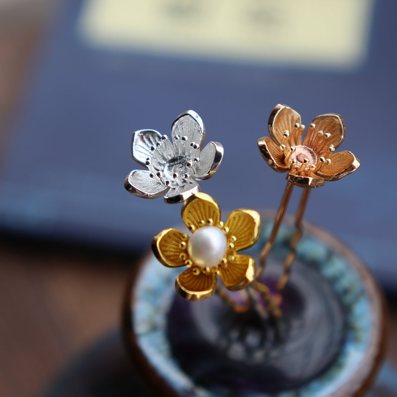 铸铜保色金小花钿唐风明制莲花钗子diy珍珠发簪材料简约汉服首饰