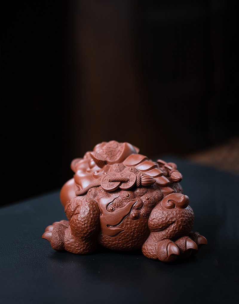 宜兴紫砂茶宠招财金蟾将军蟾三足金蟾蟾蜍茶具配件大红袍雕塑可养