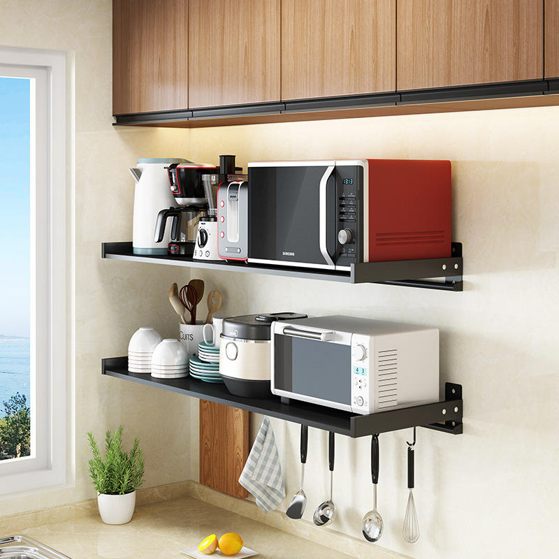 免打孔黑色厨房置物架壁挂式微波炉家用烤箱电饭煲挂墙收纳储物架