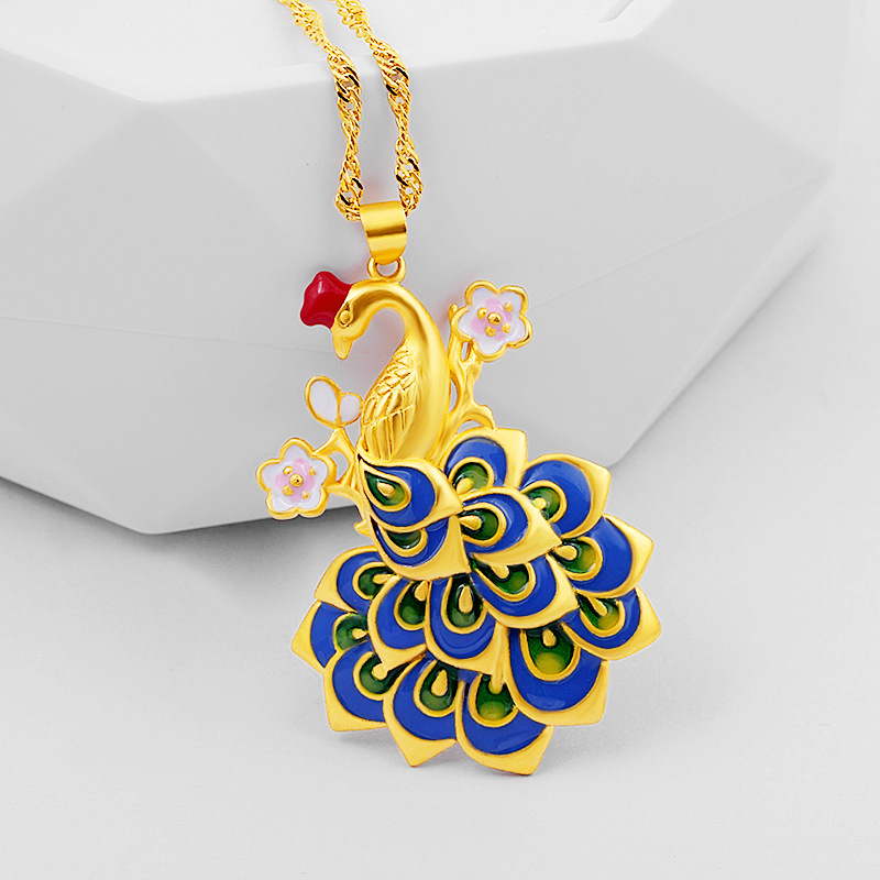 珐琅彩色孔雀吊坠女景泰蓝项链 长款毛衣链挂坠 沙金项饰批发生产