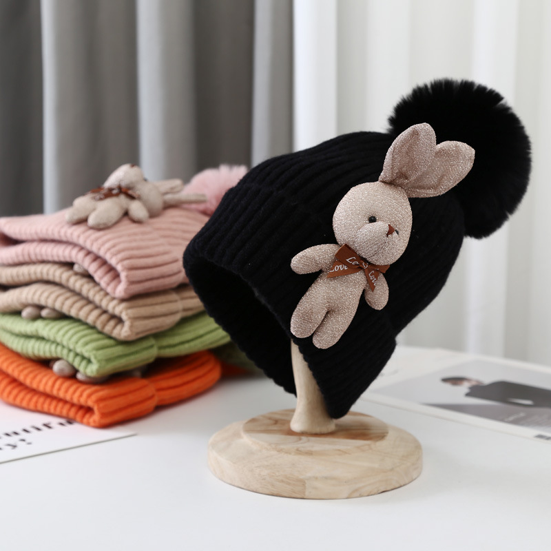 帽子女冬季卡通小兔子毛球毛线帽户外护耳防风骑车加厚保暖针织帽