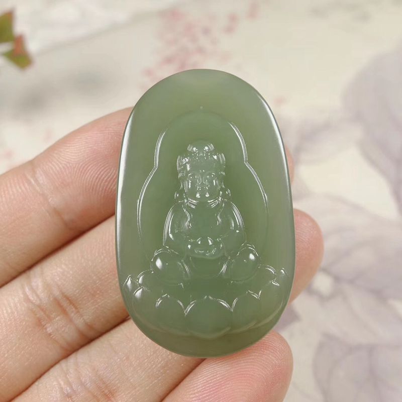 温润斋和田玉青海料湖水绿精雕阿弥陀佛男女款吊坠守护平安送证书