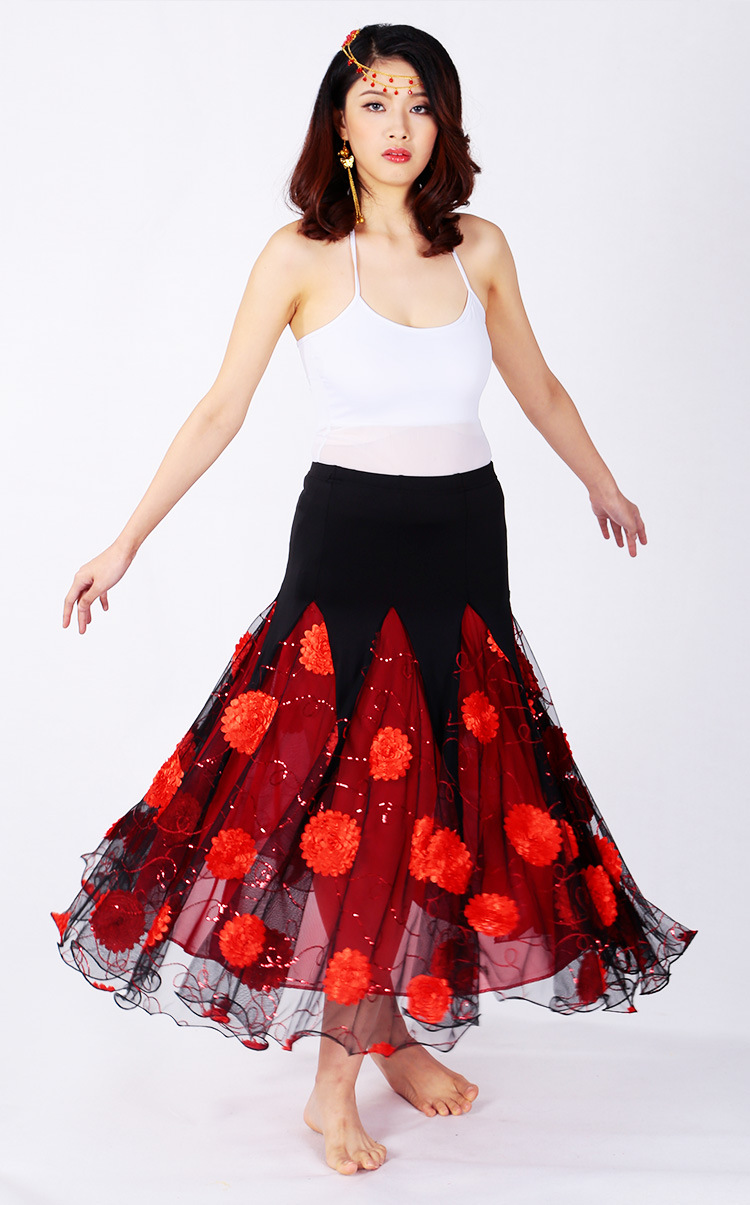 亚马逊 摩登舞裙大摆裙花朵亮片交谊舞半身裙国标舞广场舞长裙