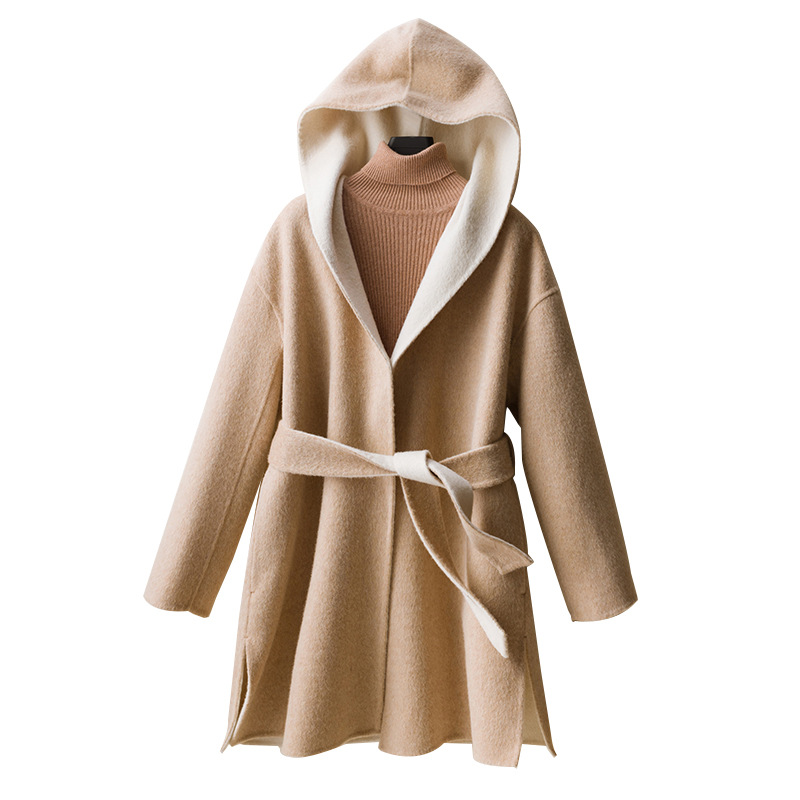 新款双面双色羊毛大衣女连帽中长款慵懒睡袍风宽松双面呢羊毛大衣