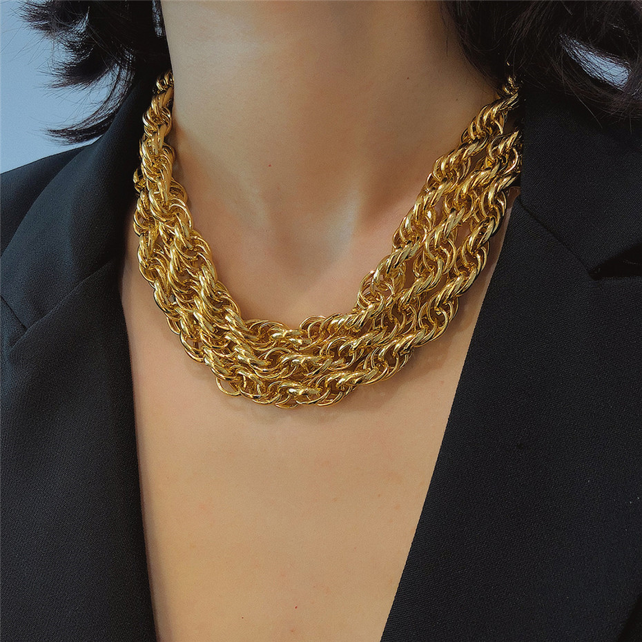 欧美复古多层麻花链条项链女士项圈朋克嘻哈颈链粗金链子夸张项饰