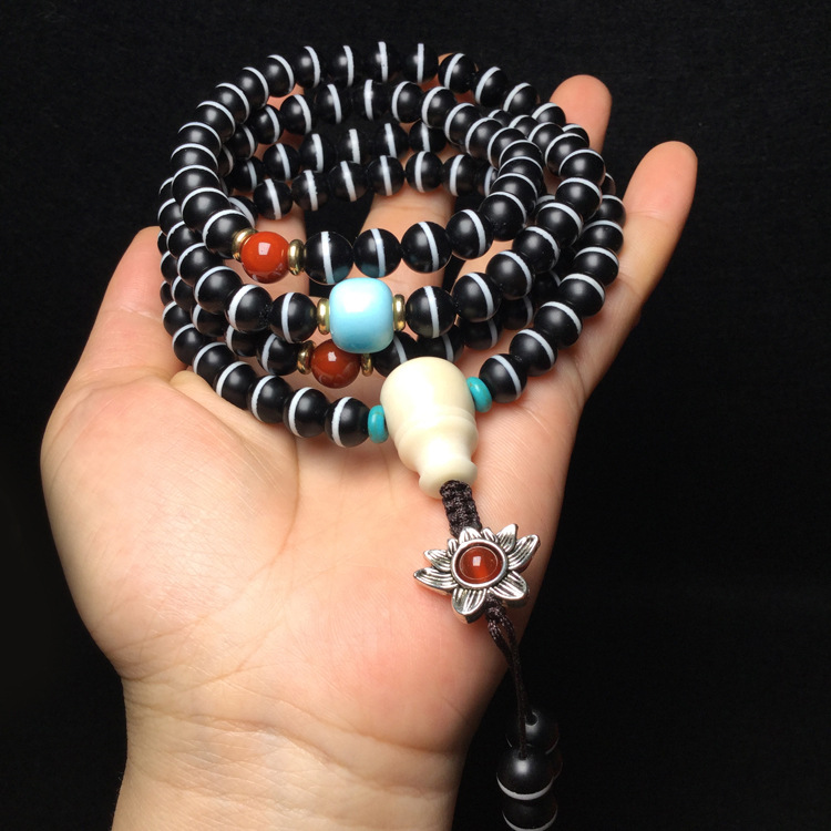 磨砂一线药师玛瑙手链 黑白一线玛瑙天珠项链 108颗佛珠手链-阿里巴巴