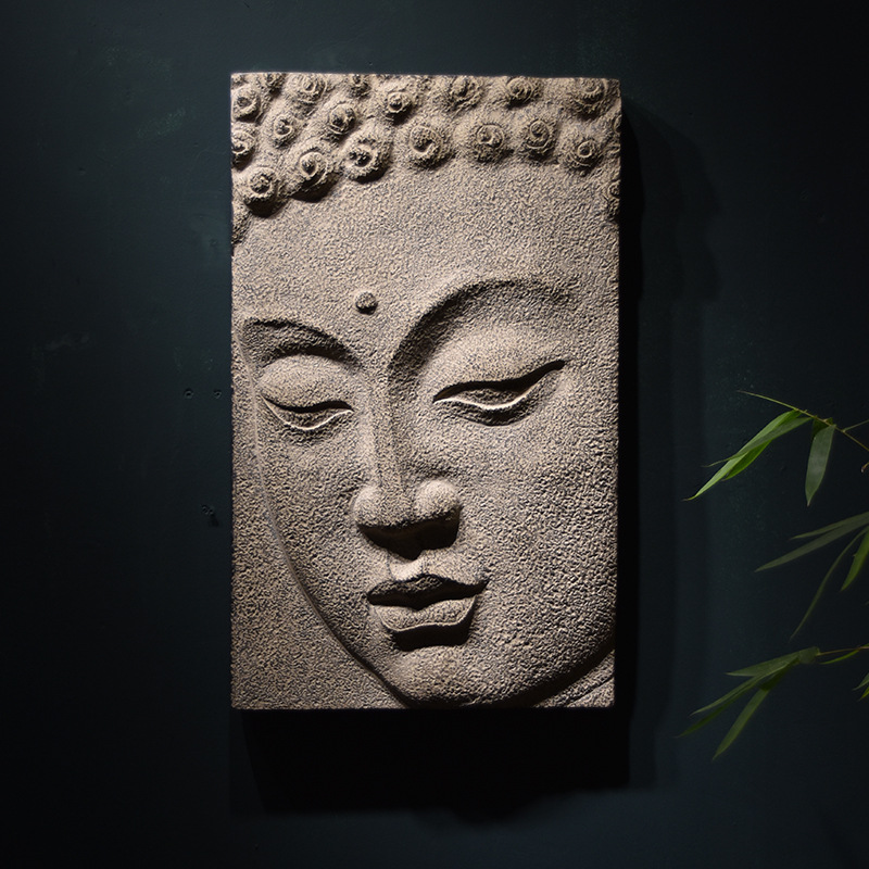 仿古中式禅意茶室装饰品 墙上挂件壁饰 佛脸浮雕立体背景佛头壁挂
