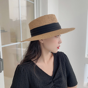 帽子女法式平顶编织草帽英伦复古气质优雅防晒度假出游太阳帽夏天